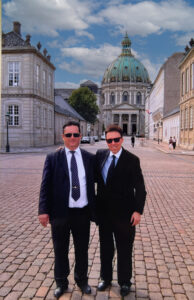 Derek Bryson Park with a Member of the Danish Royal Family in front of Frederik's Church, the Marble Church, Copenhagen, Denmark