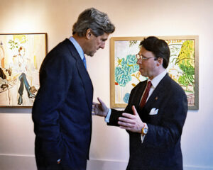 U.S. Secretary of State John Kerry and Derek Bryson Park engaged in a robust exchange, Beacon Hill, Boston, Massachusetts