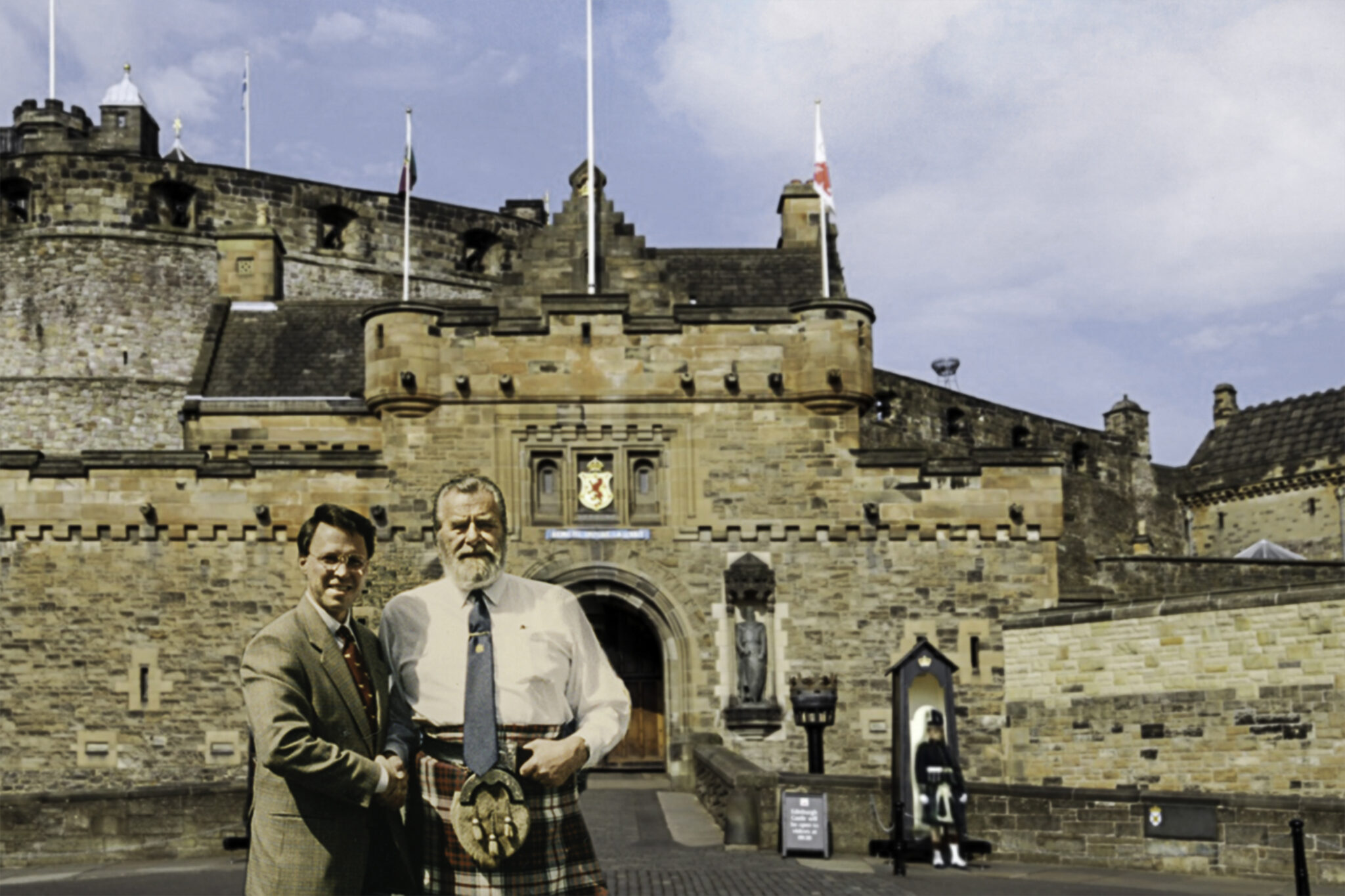 Derek Bryson Park with a distinguished member of the Royal Regiment of Scotland, Edinburgh, Scotland