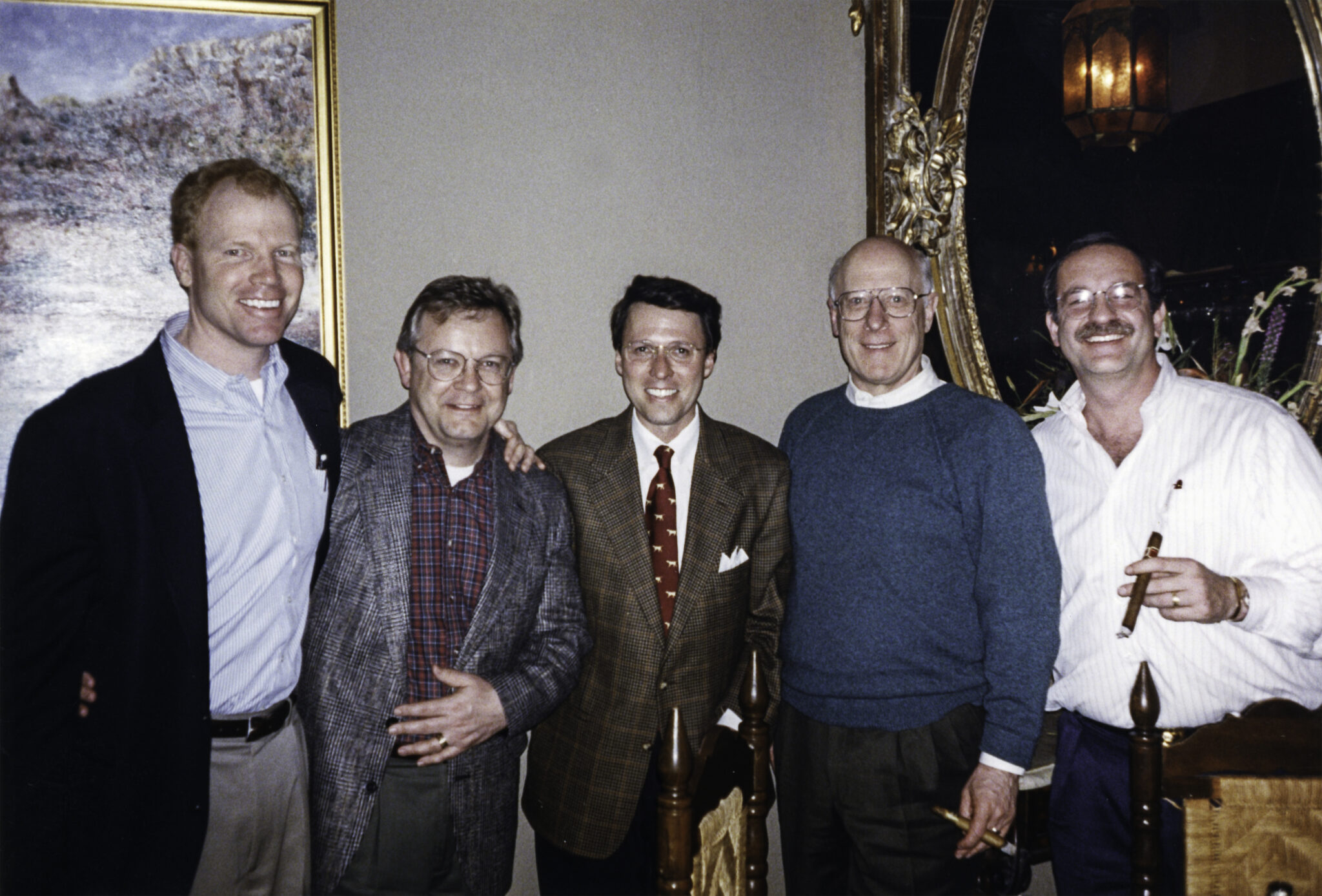 [Left to Right] Vice Chairman for Deutsche Bank’s Financial Institutions Group and former Managing Director and Head of the Mortgage Banking Division for Lehman Brothers, William H. Curley; Chief Financial Officer, Capstead Mortgage Corporation, Larry Studinski; Derek Bryson Park; Founder and Chairman of Capstead Mortgage Corporation, Ronn Lytle; and Managing Director, Cohane Rafferty Securities/Lehman Brothers, Edward K. Elanjian at an M&A closing dinner, Dallas, TX.