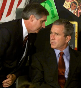On September 11, 2001, White House Chief of Staff Andrew Card whispered to President George W. Bush that "a second plane hit the second tower. America is under attack" while Bush was listening to second graders read "The Pet Goat" at Emma E. Booker Elementary School in Sarasota, Florida.